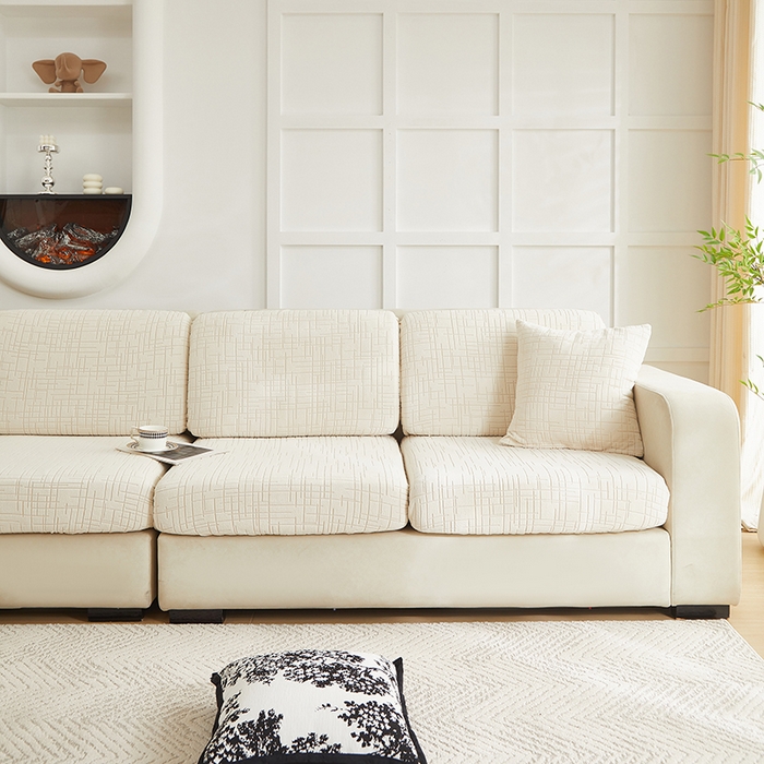 91家纺网 家纺一手货源 找家纺 飞翔家纺沙发套 2026新款舒适亲肤素格纹-坐垫套 米白色
