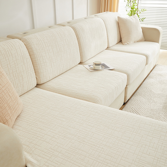 91家纺网 家纺一手货源 找家纺 飞翔家纺沙发套 2026新款舒适亲肤素格纹-坐垫套 米白色