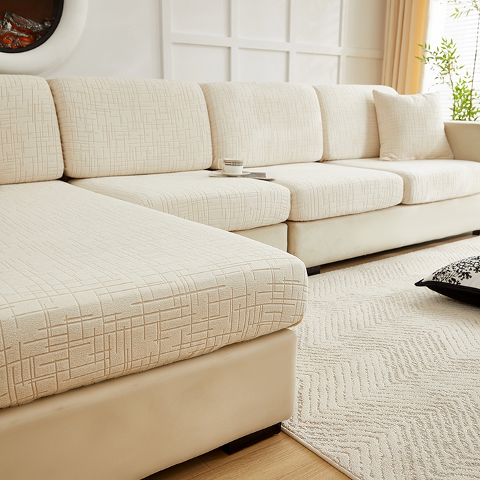 91家纺网 家纺一手货源 找家纺 飞翔家纺沙发套 2026新款舒适亲肤素格纹-坐垫套 米白色