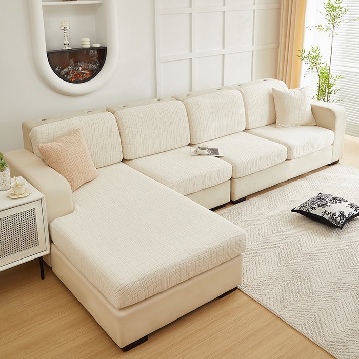 飞翔家纺沙发套 2026新款舒适亲肤素格纹-坐垫套 米白色