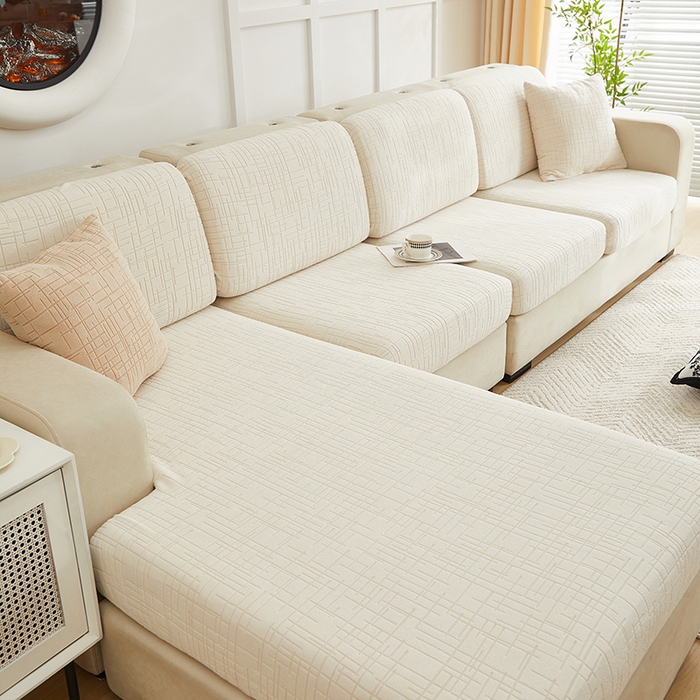 91家纺网 家纺一手货源 找家纺 飞翔家纺沙发套 2026新款舒适亲肤素格纹-坐垫套 米白色