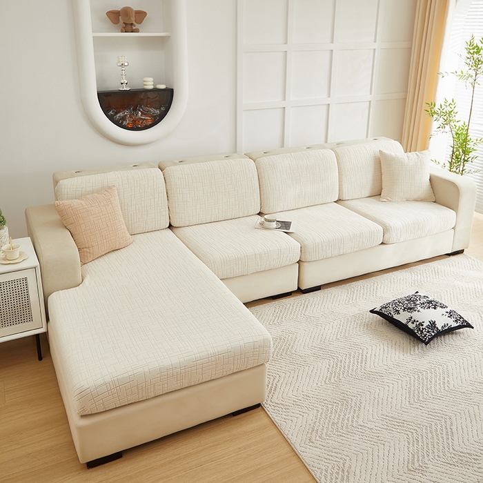 91家纺网 家纺一手货源 找家纺 飞翔家纺沙发套 2026新款舒适亲肤素格纹-坐垫套 米白色