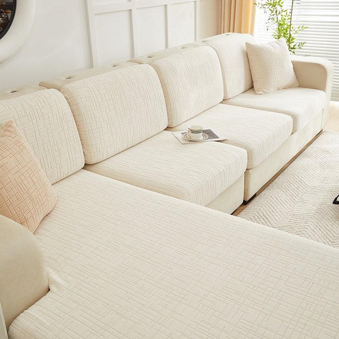 91家纺网 家纺一手货源 找家纺 飞翔家纺沙发套 2026新款舒适亲肤素格纹-坐垫套 米白色