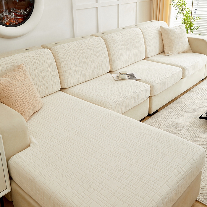 91家纺网 家纺一手货源 找家纺 飞翔家纺沙发套 2026新款舒适亲肤素格纹-坐垫套 米白色