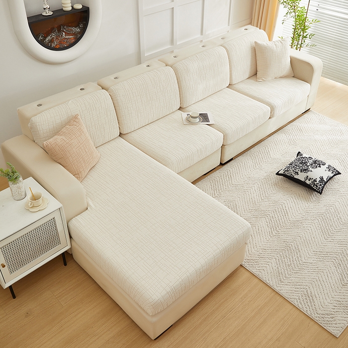 91家纺网 家纺一手货源 找家纺 飞翔家纺沙发套 2026新款舒适亲肤素格纹-坐垫套 米白色