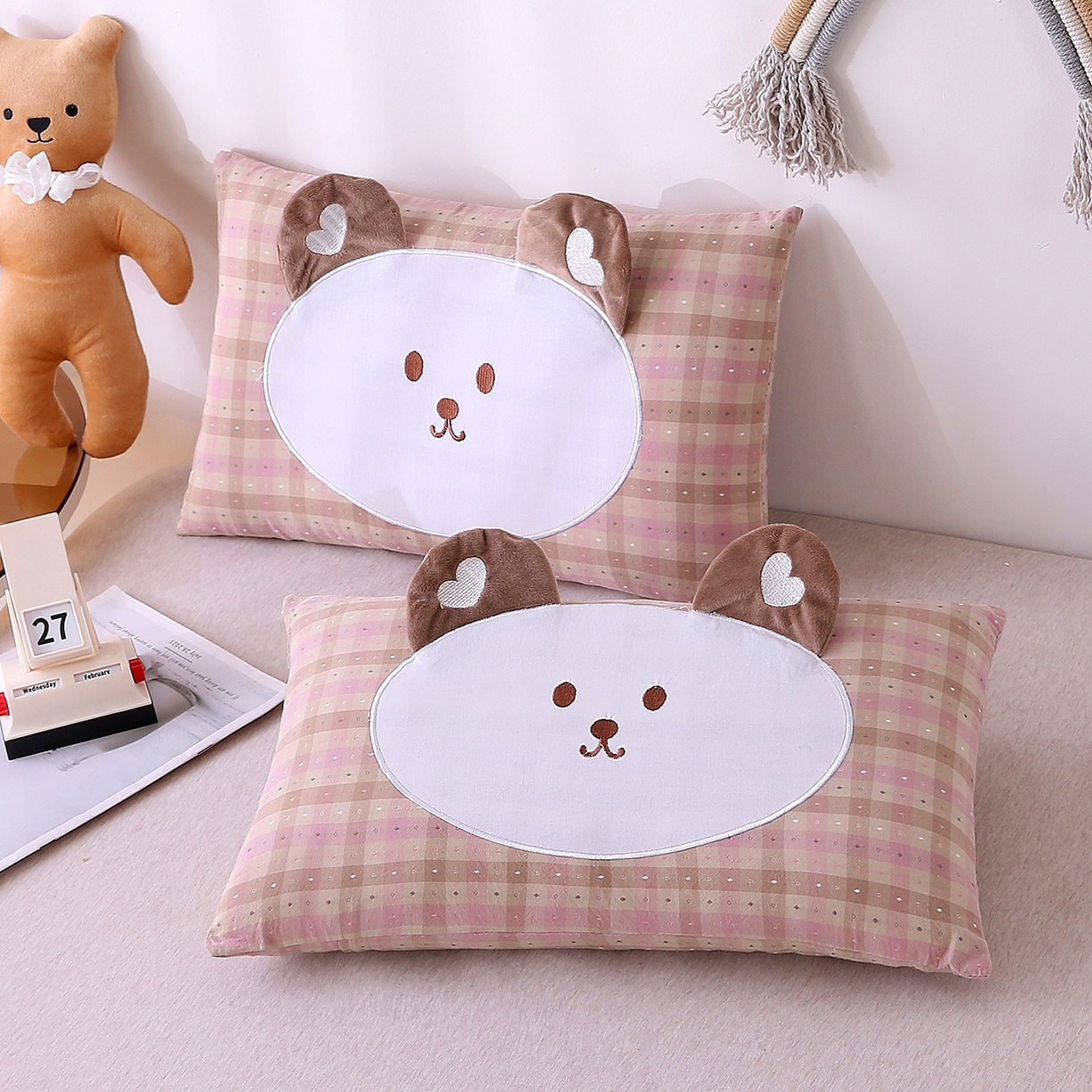 91家纺网 家纺一手货源 找家纺 （总）珍贝家纺 2026新款全棉大脸熊枕套枕头枕芯枕套+枕芯儿童枕学生枕