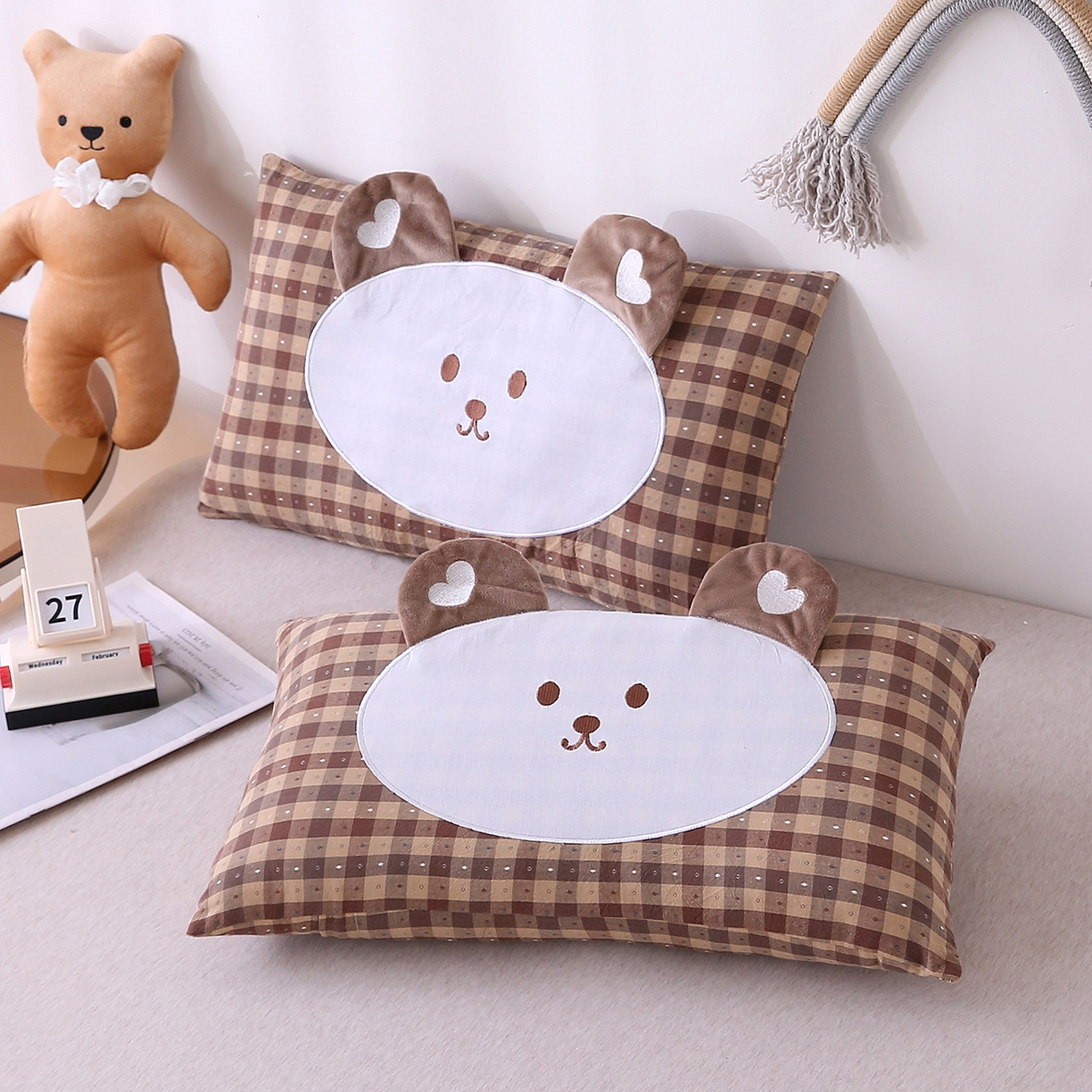 91家纺网 家纺一手货源 找家纺 （总）珍贝家纺 2026新款全棉大脸熊枕套枕头枕芯枕套+枕芯儿童枕学生枕