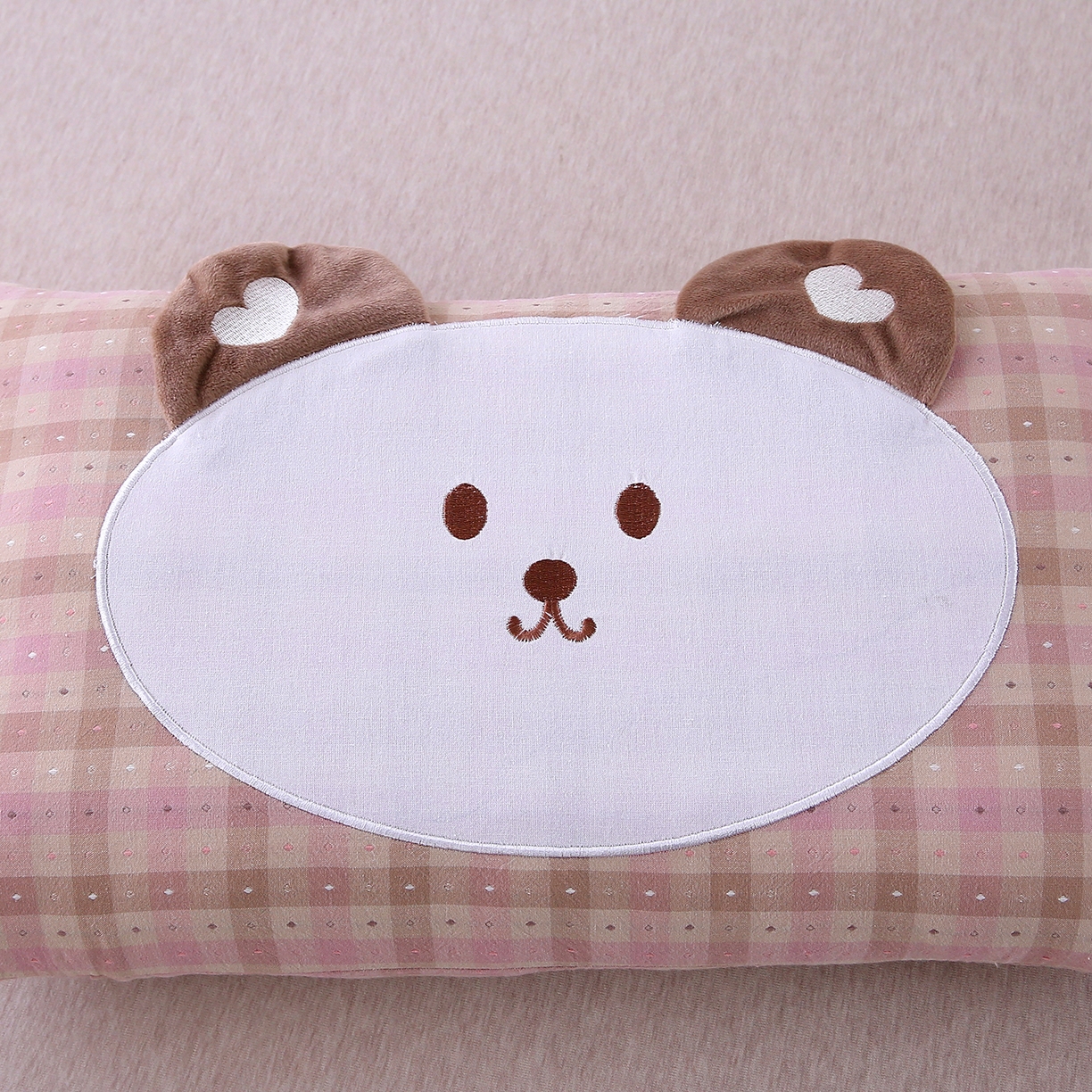 91家纺网 家纺一手货源 找家纺 珍贝家纺 2026新款全棉大脸熊枕套枕头枕芯枕套+枕芯儿童枕学生枕 大脸熊-粉灰格