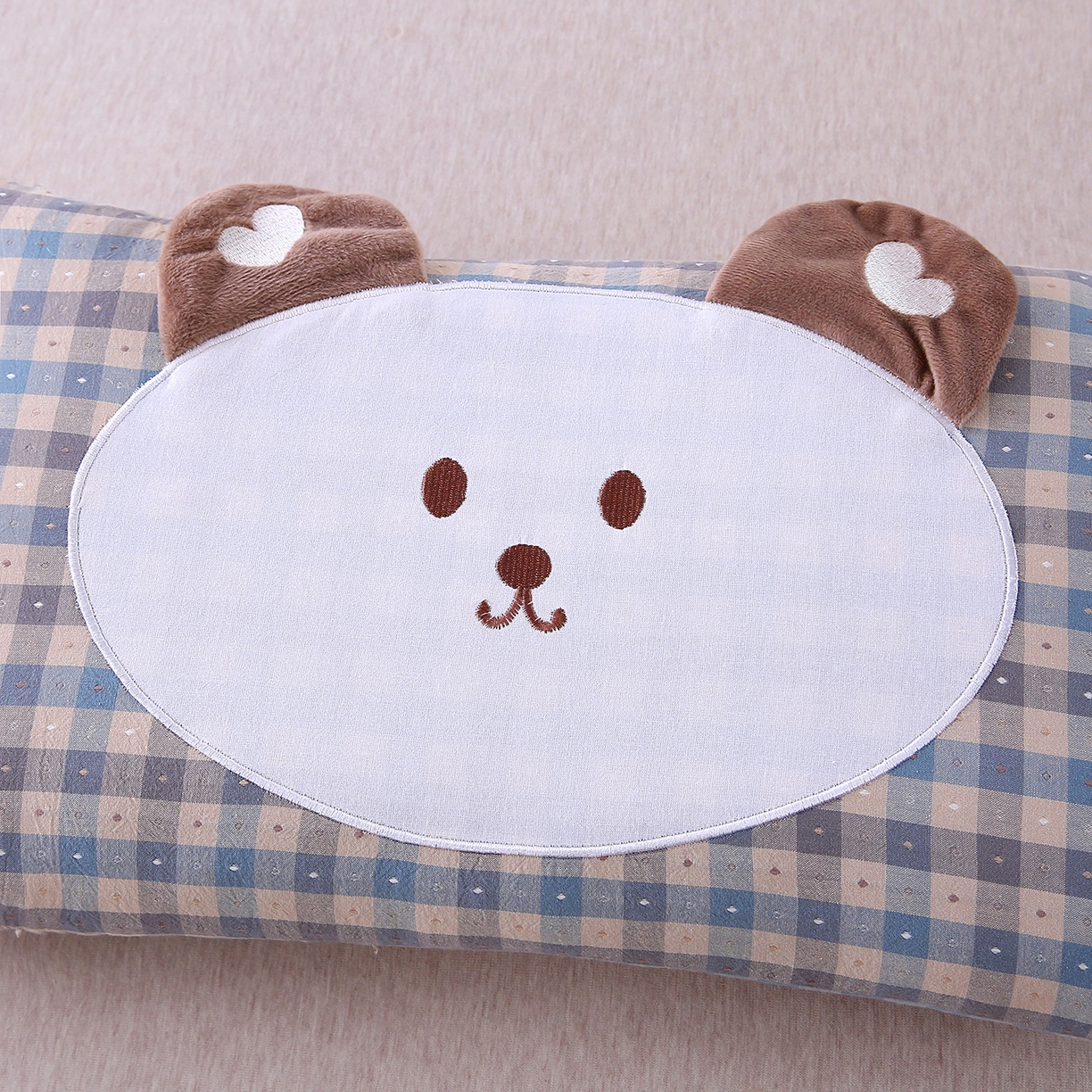 91家纺网 家纺一手货源 找家纺 珍贝家纺 2026新款全棉大脸熊枕套枕头枕芯枕套+枕芯儿童枕学生枕 大脸熊-蓝灰格