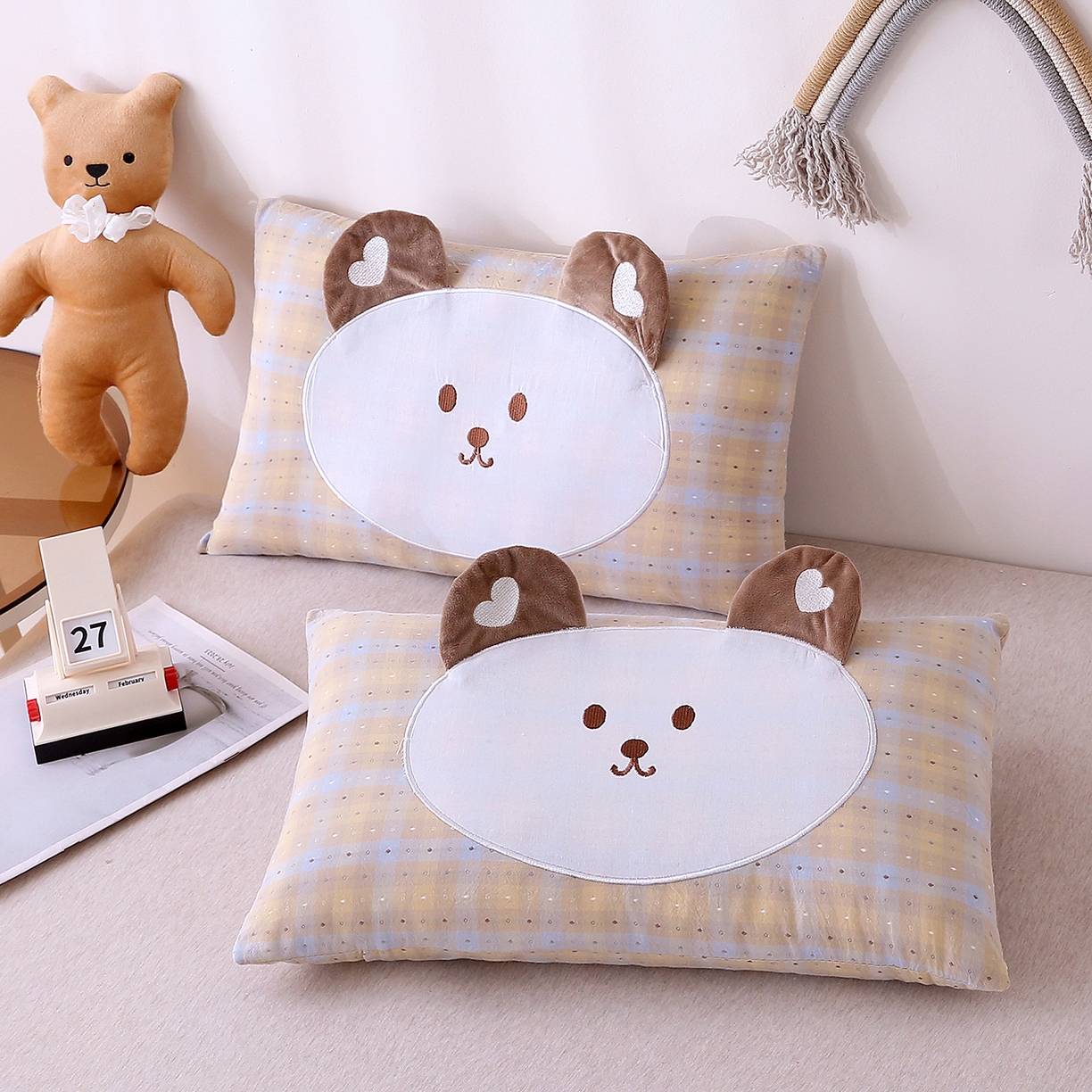 珍贝家纺 2026新款全棉大脸熊枕套枕头枕芯枕套+枕芯儿童枕学生枕 大脸熊-蓝黄格