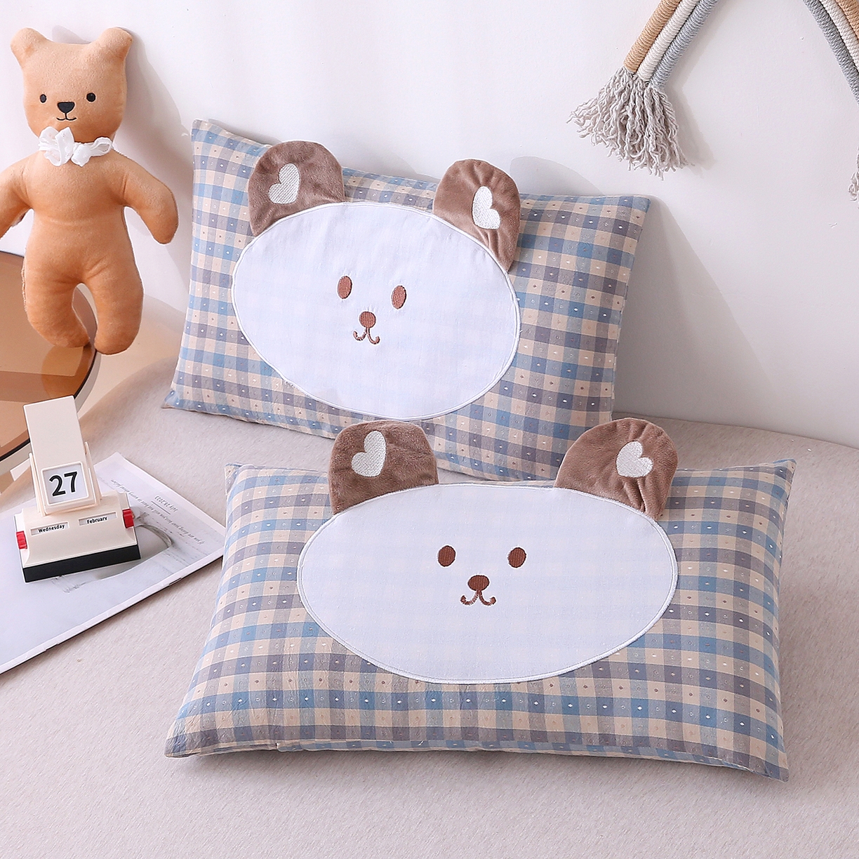 珍贝家纺 2026新款全棉大脸熊枕套枕头枕芯枕套+枕芯儿童枕学生枕 大脸熊-蓝灰格