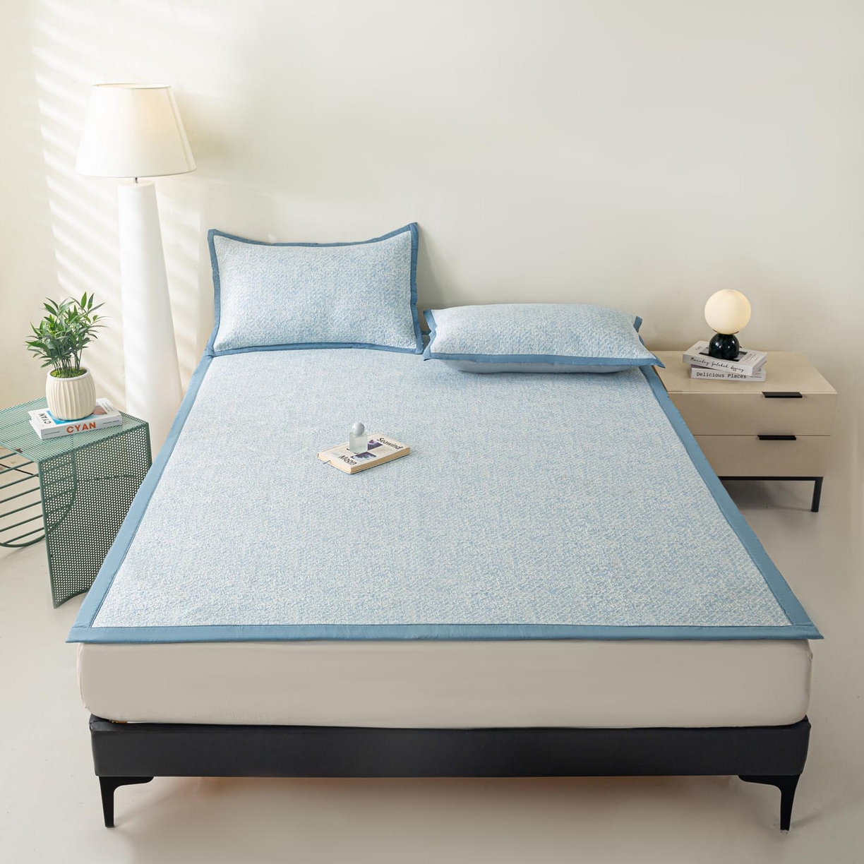 91家纺网 家纺一手货源 找家纺 帅露家纺 2026新款A类PE高分子双泡软凉席席子 床席款双泡雪花-蓝