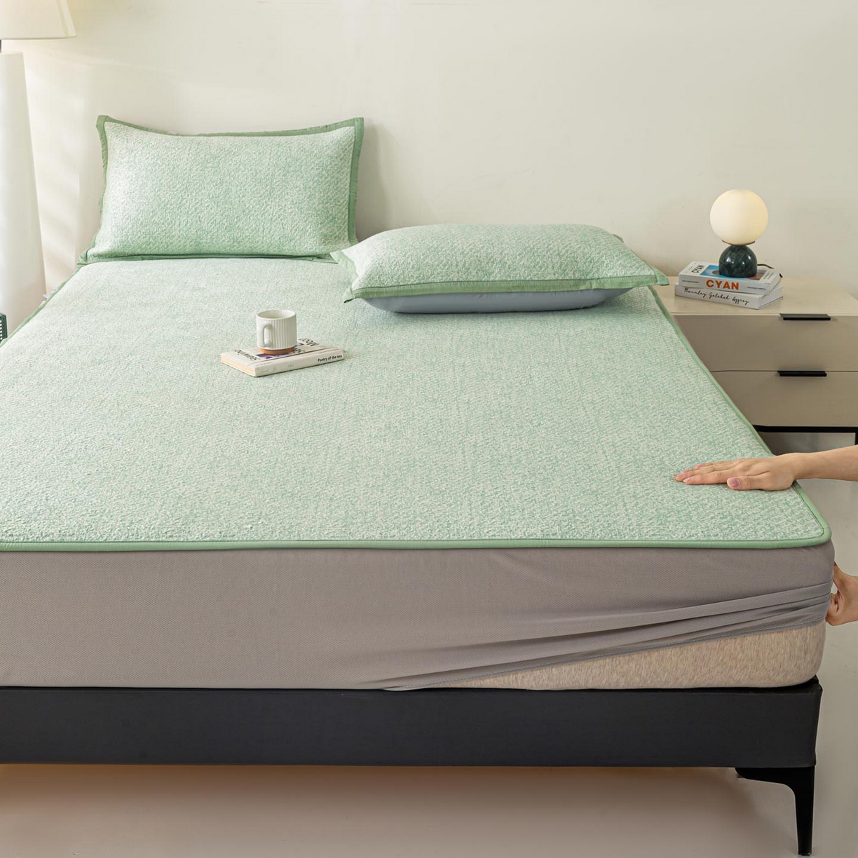 91家纺网 家纺一手货源 找家纺 帅露家纺 2026新款A类PE高分子双泡软凉席席子 床笠款双泡雪花-绿