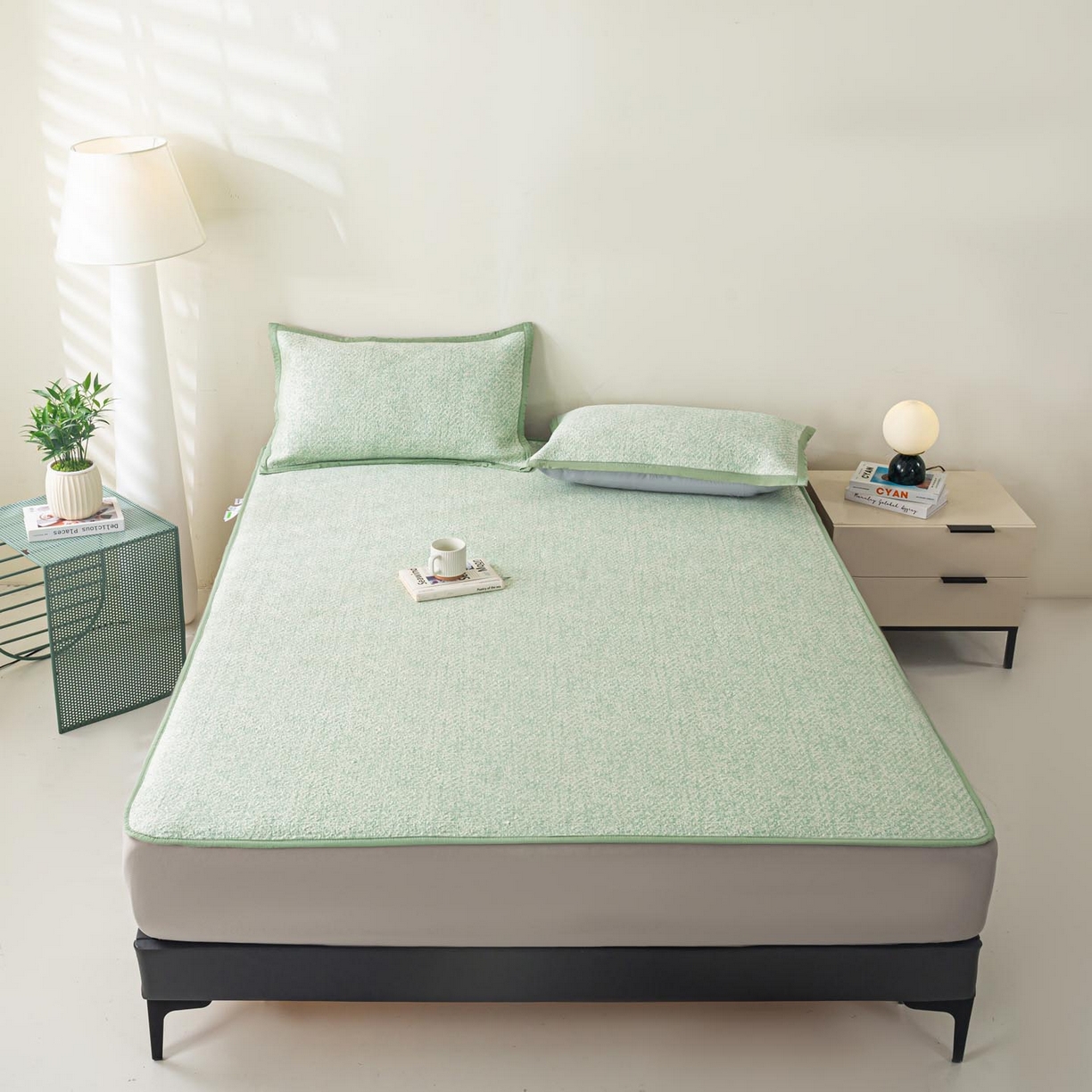 91家纺网 家纺一手货源 找家纺 帅露家纺 2026新款A类PE高分子双泡软凉席席子 床笠款双泡雪花-绿