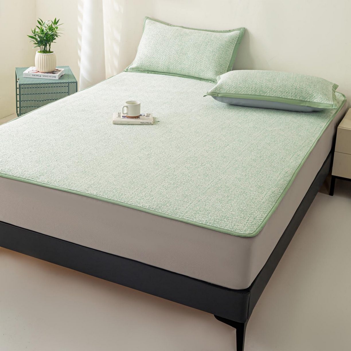 91家纺网 家纺一手货源 找家纺 帅露家纺 2026新款A类PE高分子双泡软凉席席子 床笠款双泡雪花-绿