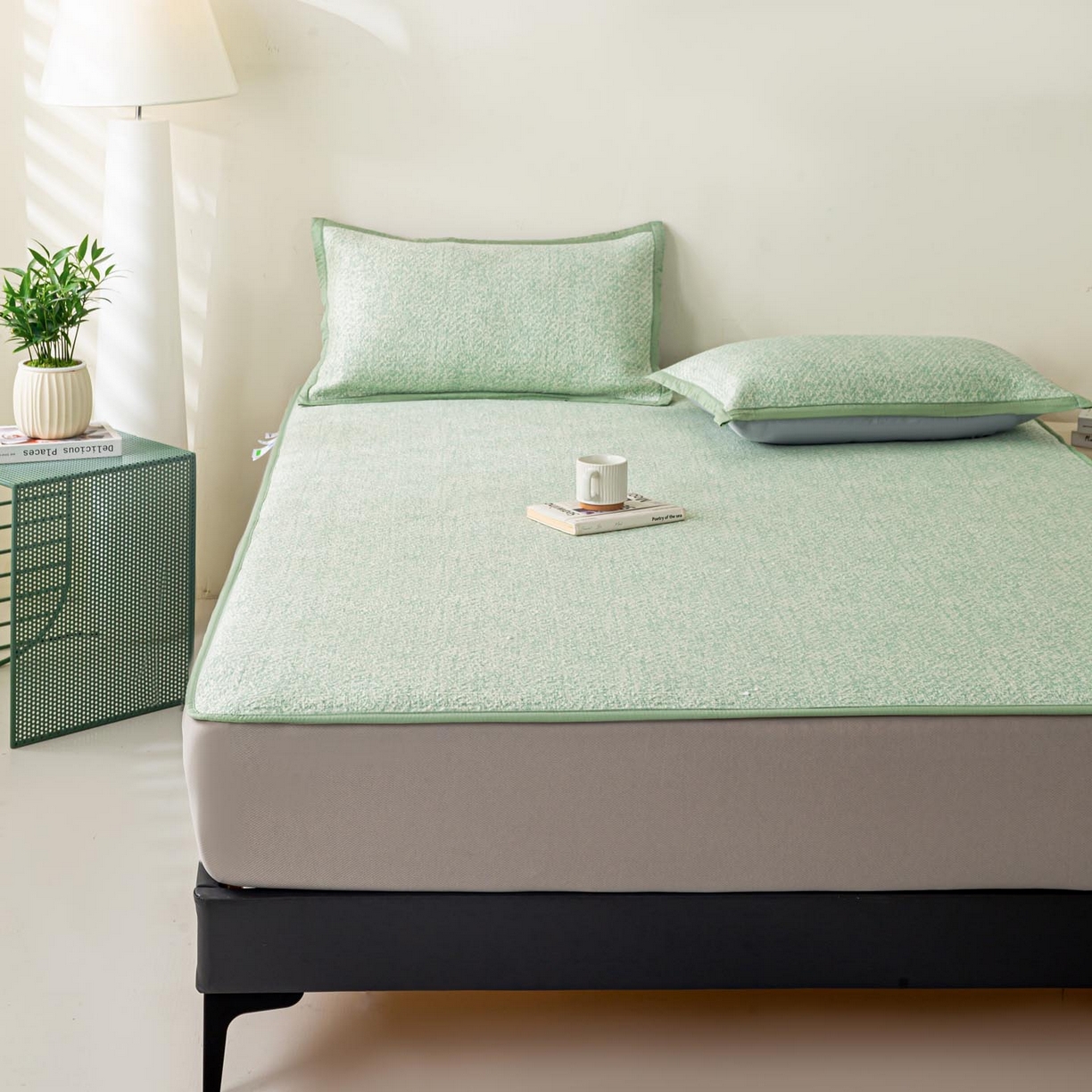 91家纺网 家纺一手货源 找家纺 帅露家纺 2026新款A类PE高分子双泡软凉席席子 床笠款双泡雪花-绿