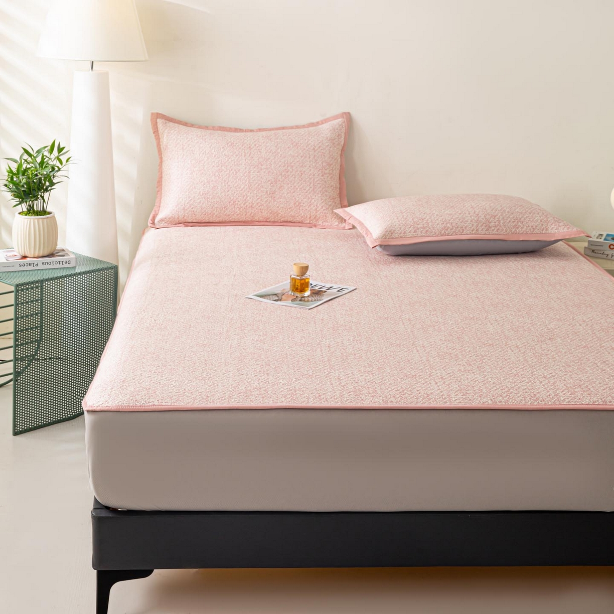 91家纺网 家纺一手货源 找家纺 帅露家纺 2026新款A类PE高分子双泡软凉席席子 床笠款双泡雪花-粉