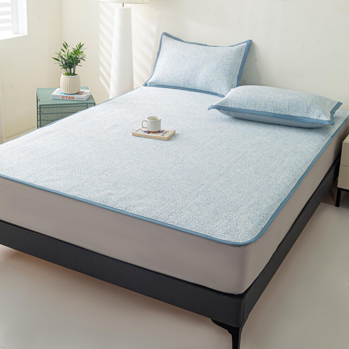 91家纺网 家纺一手货源 找家纺 帅露家纺 2026新款A类PE高分子双泡软凉席席子 床笠款双泡雪花-蓝