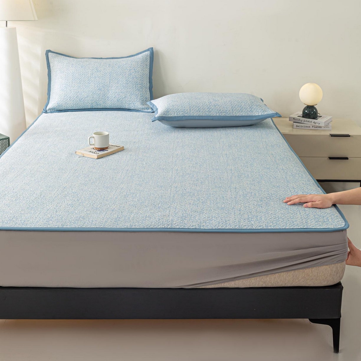 91家纺网 家纺一手货源 找家纺 帅露家纺 2026新款A类PE高分子双泡软凉席席子 床笠款双泡雪花-蓝