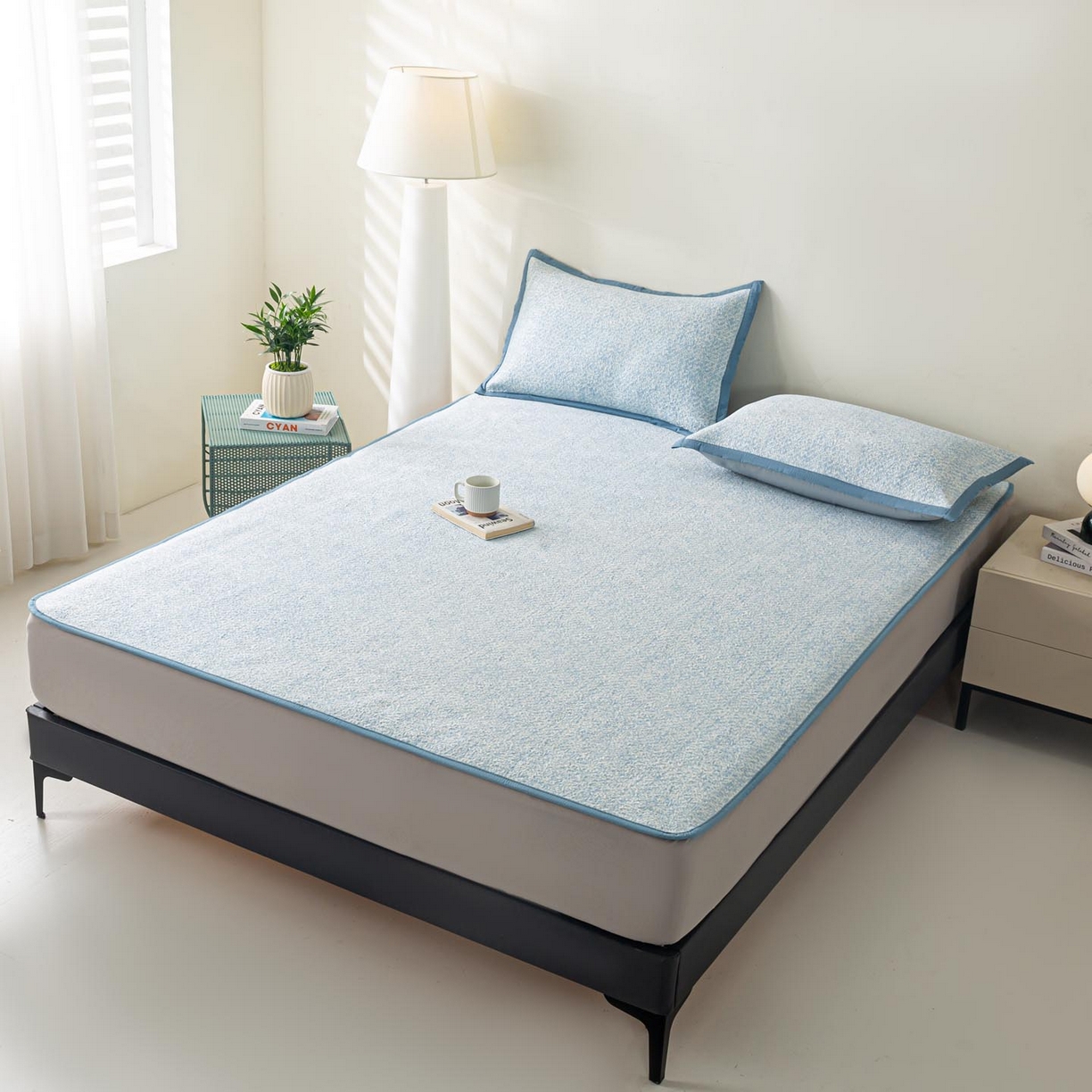 91家纺网 家纺一手货源 找家纺 帅露家纺 2026新款A类PE高分子双泡软凉席席子 床笠款双泡雪花-蓝