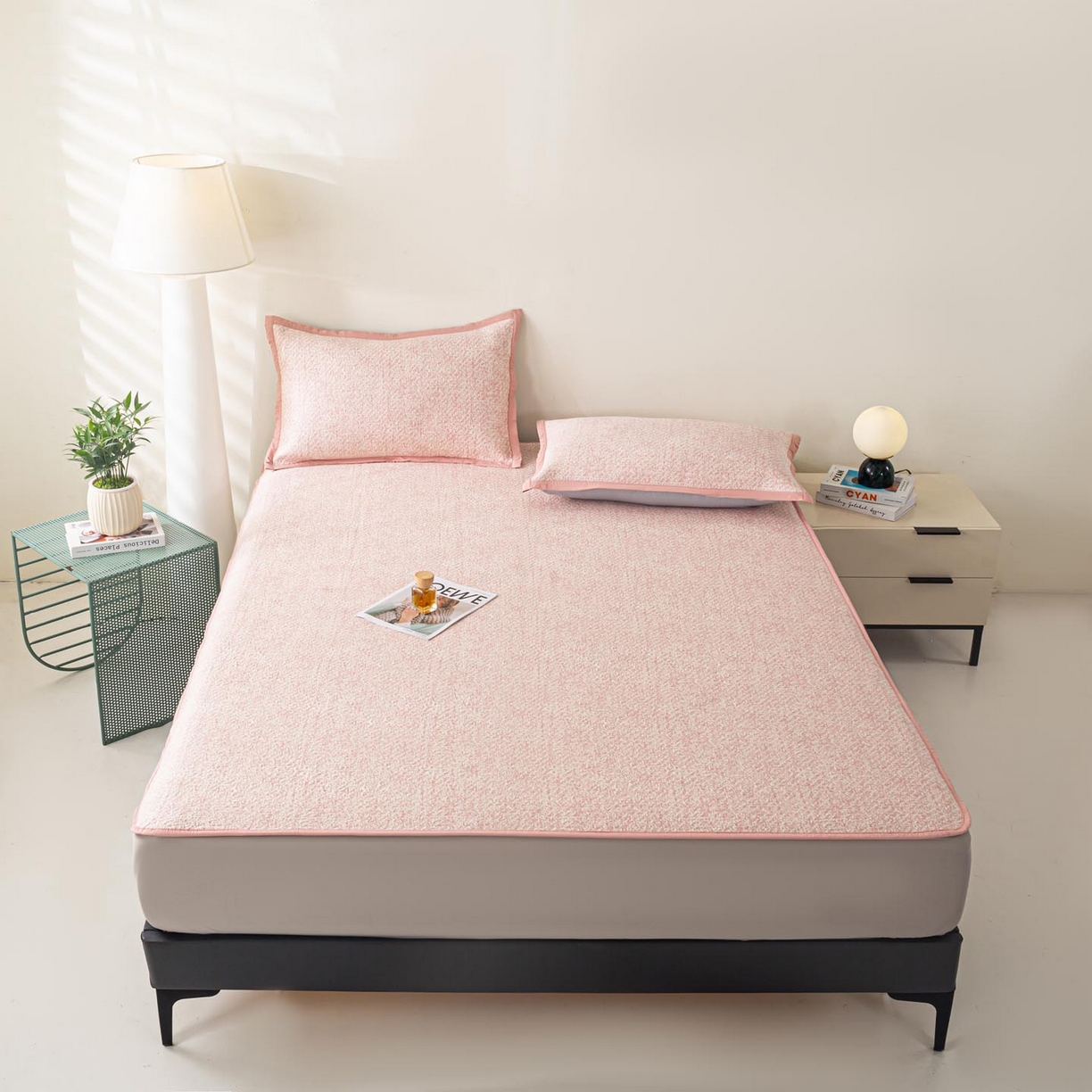 91家纺网 家纺一手货源 找家纺 帅露家纺 2026新款A类PE高分子双泡软凉席席子 床笠款双泡雪花-粉