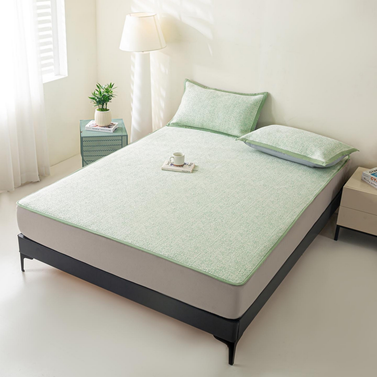 91家纺网 家纺一手货源 找家纺 帅露家纺 2026新款A类PE高分子双泡软凉席席子 床笠款双泡雪花-绿