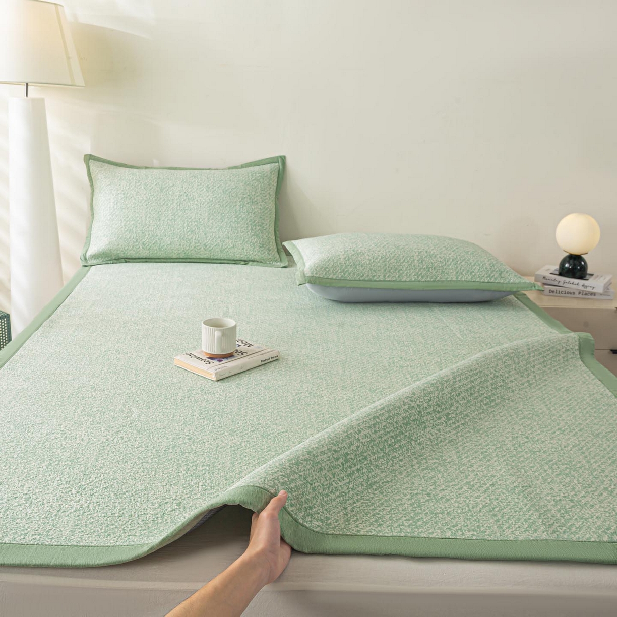 91家纺网 家纺一手货源 找家纺 帅露家纺 2026新款A类PE高分子双泡软凉席席子 床席款双泡雪花-绿