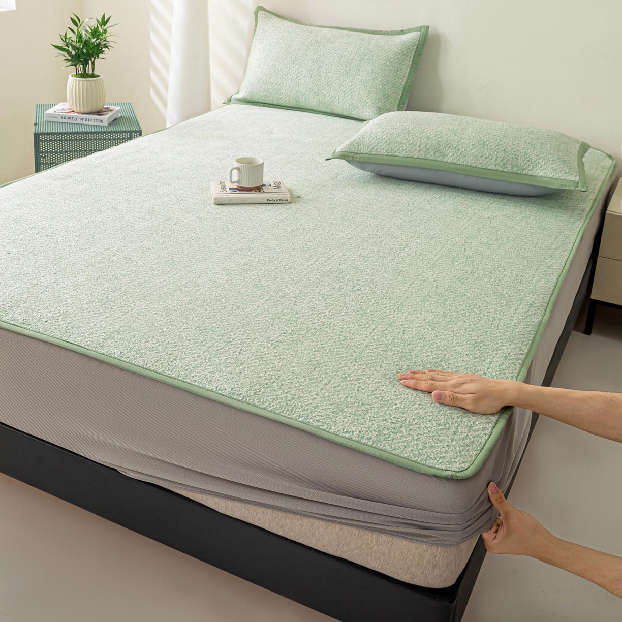 帅露家纺 2026新款A类PE高分子双泡软凉席席子 床笠款双泡雪花-绿