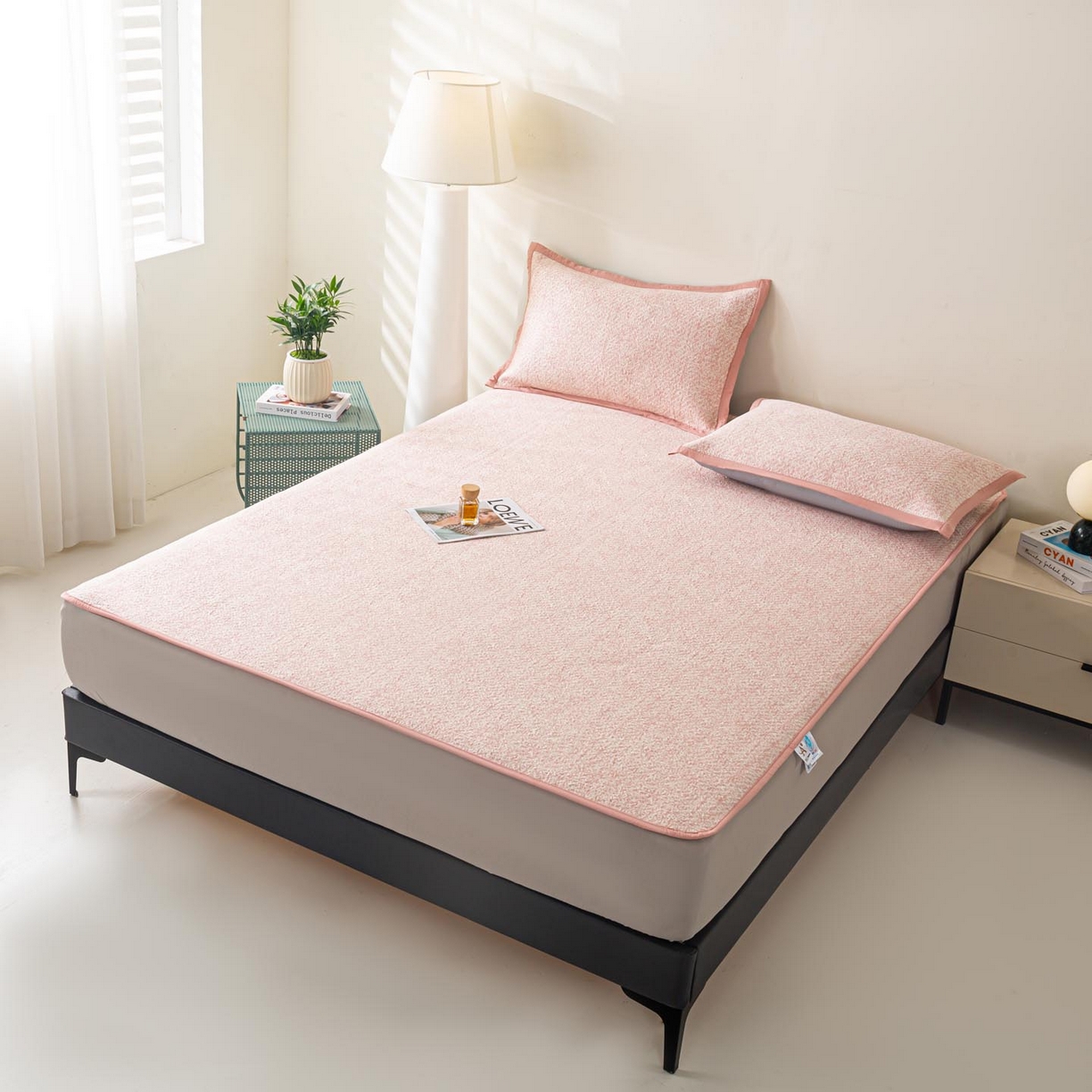 91家纺网 家纺一手货源 找家纺 帅露家纺 2026新款A类PE高分子双泡软凉席席子 床笠款双泡雪花-粉