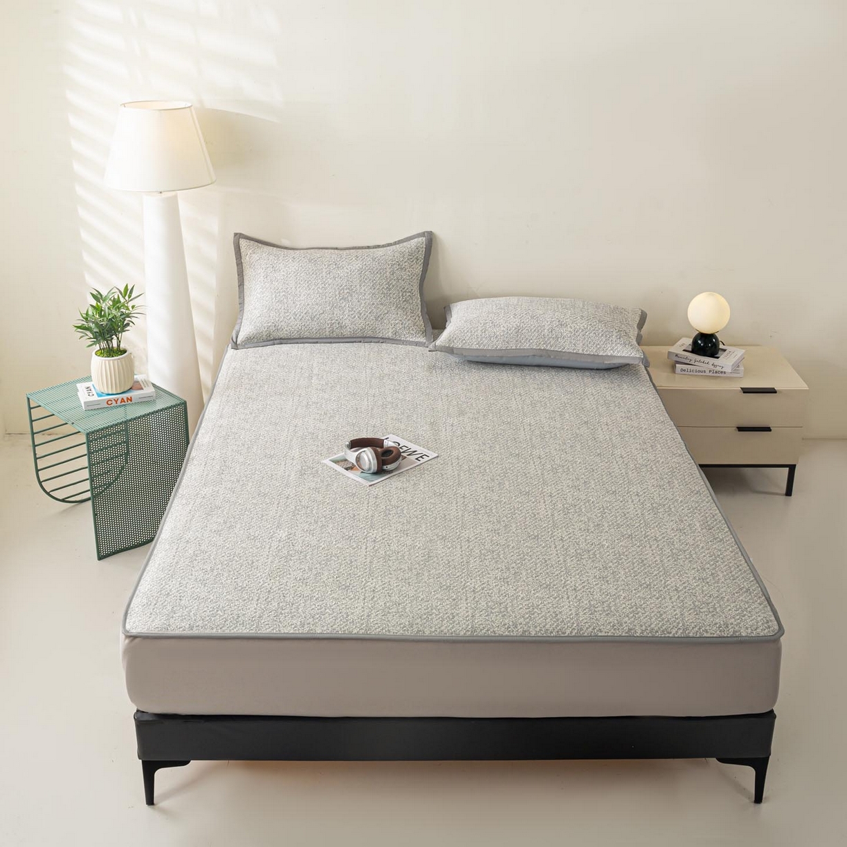 91家纺网 家纺一手货源 找家纺 帅露家纺 2026新款A类PE高分子双泡软凉席席子 床笠款双泡雪花-灰