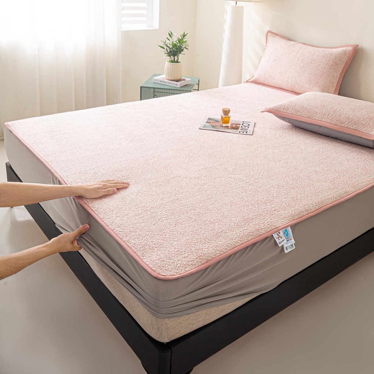 91家纺网 家纺一手货源 找家纺 帅露家纺 2026新款A类PE高分子双泡软凉席席子 床笠款双泡雪花-粉