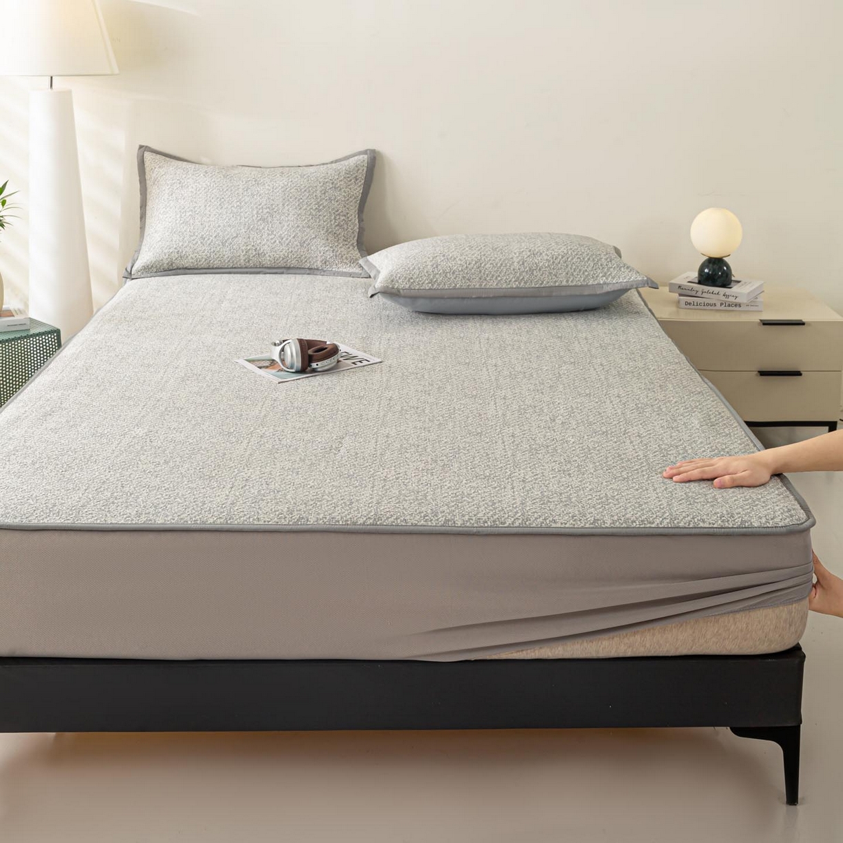 91家纺网 家纺一手货源 找家纺 帅露家纺 2026新款A类PE高分子双泡软凉席席子 床笠款双泡雪花-灰