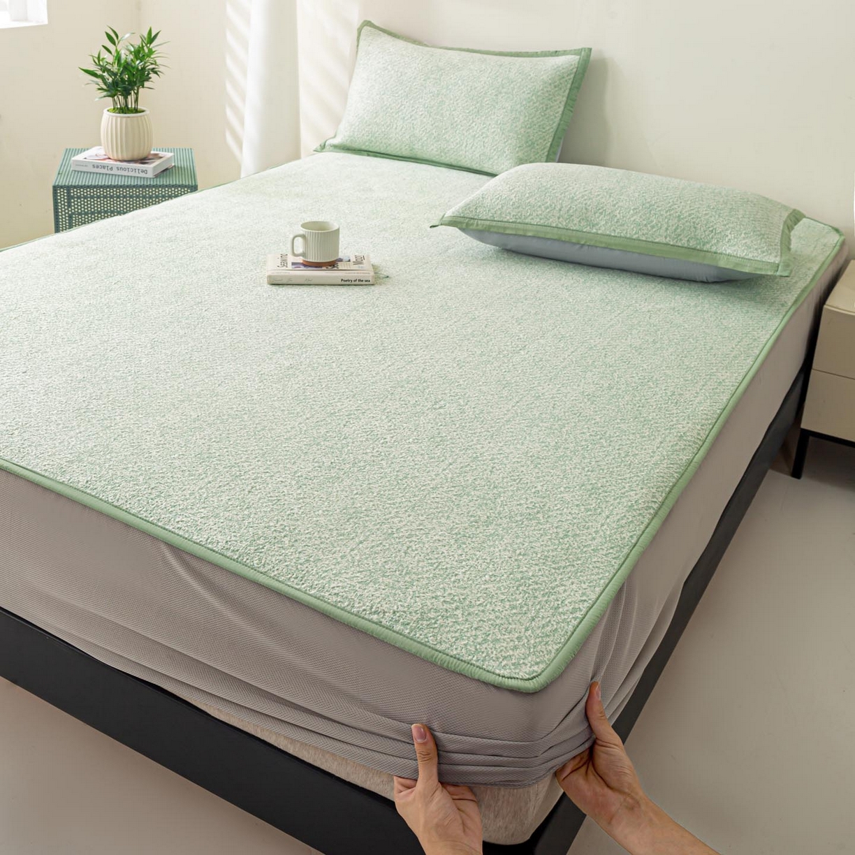 91家纺网 家纺一手货源 找家纺 帅露家纺 2026新款A类PE高分子双泡软凉席席子 床笠款双泡雪花-绿