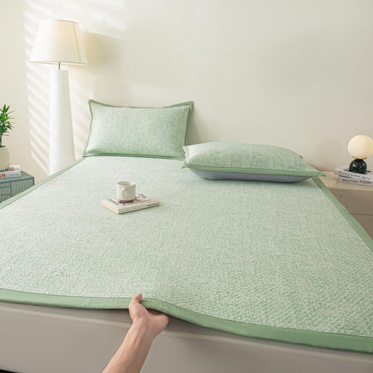 91家纺网 家纺一手货源 找家纺 帅露家纺 2026新款A类PE高分子双泡软凉席席子 床席款双泡雪花-绿