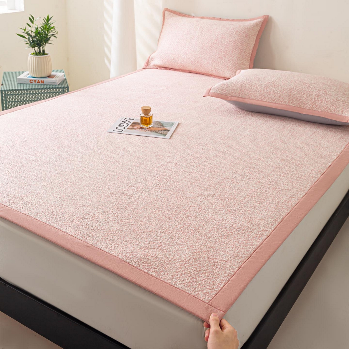 91家纺网 家纺一手货源 找家纺 帅露家纺 2026新款A类PE高分子双泡软凉席席子 床席款双泡雪花-粉