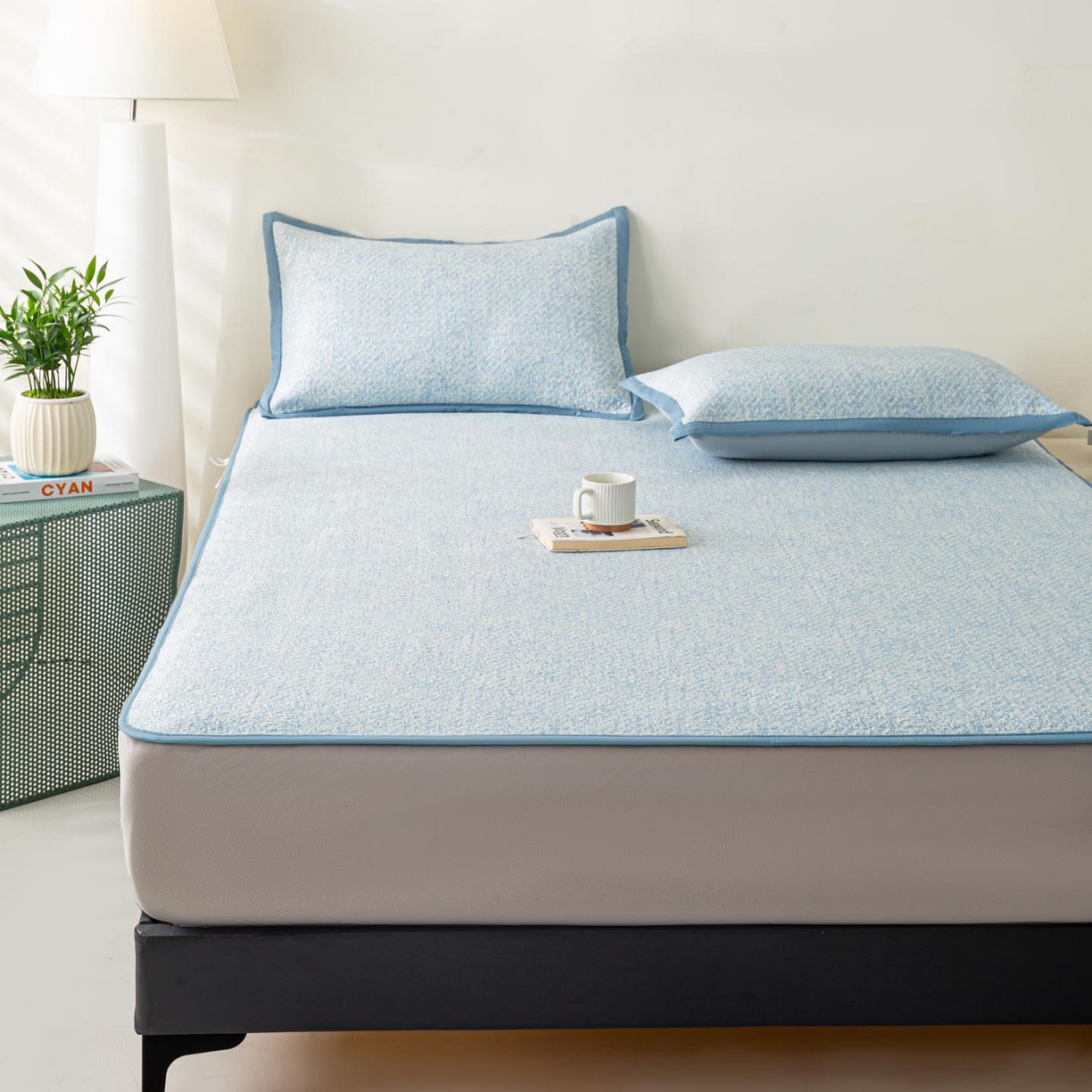 91家纺网 家纺一手货源 找家纺 帅露家纺 2026新款A类PE高分子双泡软凉席席子 床笠款双泡雪花-蓝