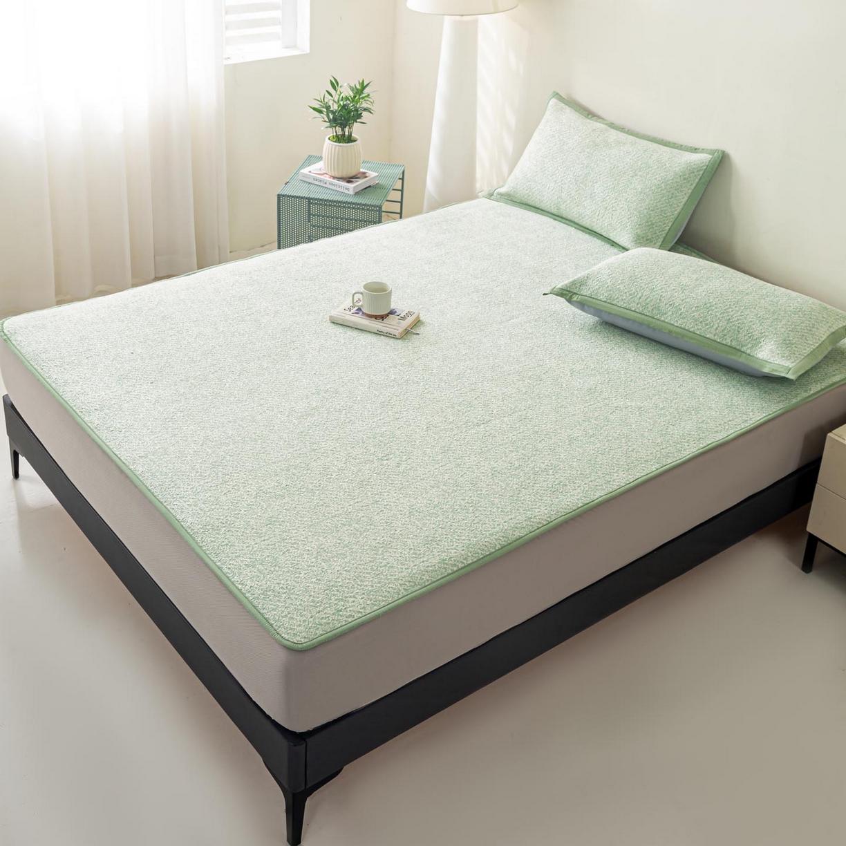 91家纺网 家纺一手货源 找家纺 帅露家纺 2026新款A类PE高分子双泡软凉席席子 床笠款双泡雪花-绿