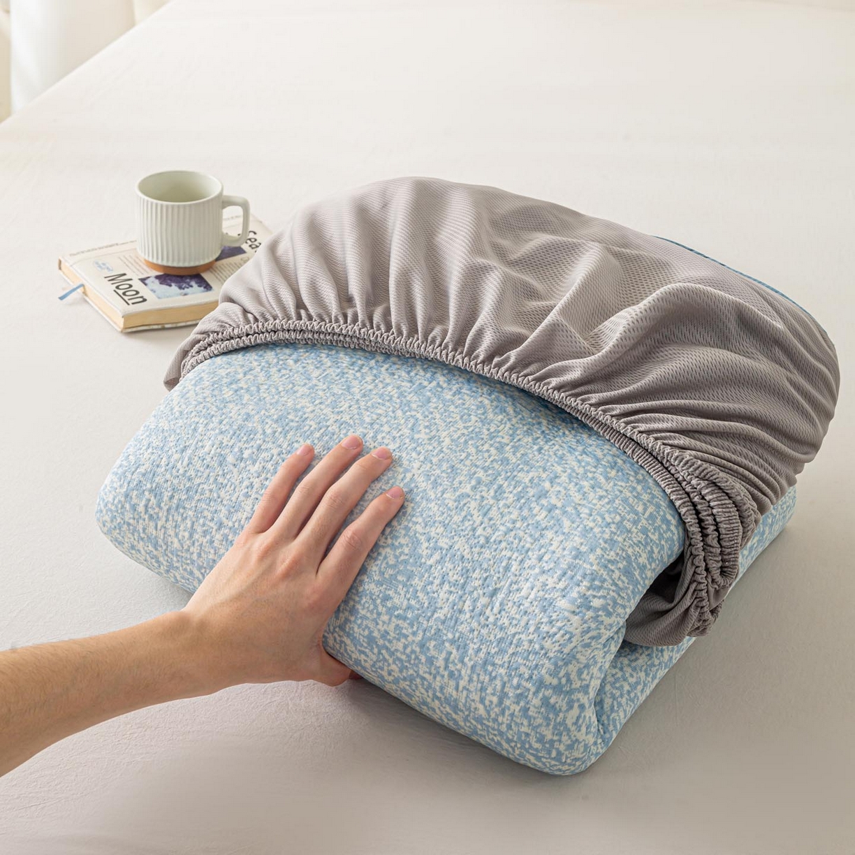 91家纺网 家纺一手货源 找家纺 帅露家纺 2026新款A类PE高分子双泡软凉席席子 床笠款双泡雪花-蓝