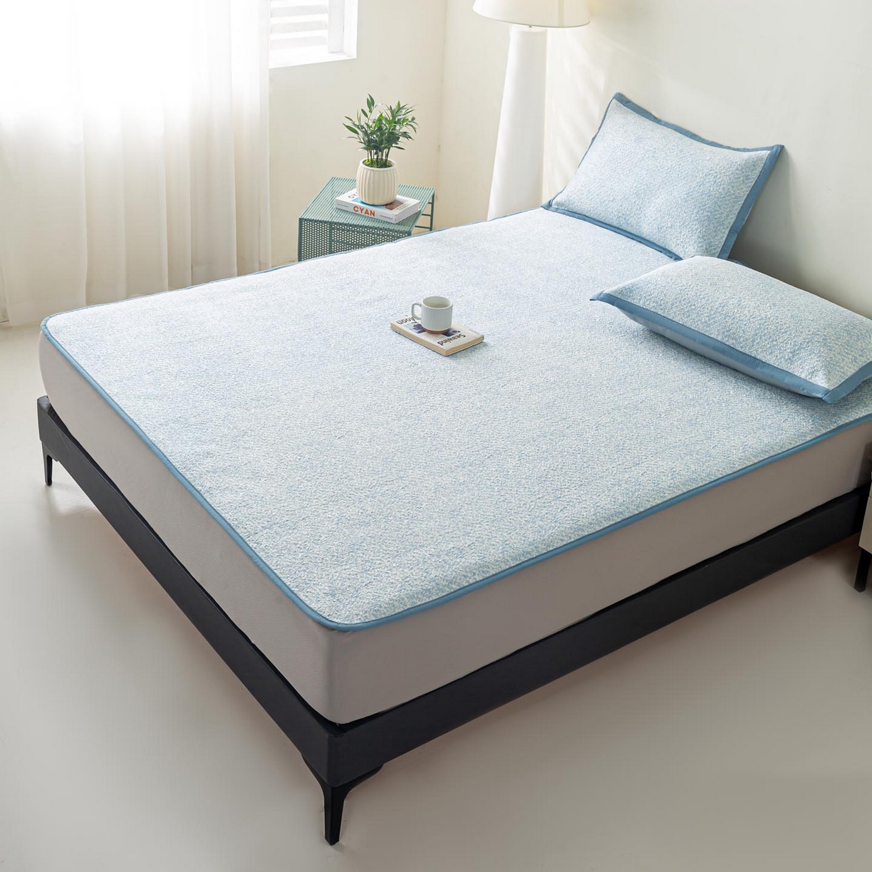 91家纺网 家纺一手货源 找家纺 帅露家纺 2026新款A类PE高分子双泡软凉席席子 床笠款双泡雪花-蓝