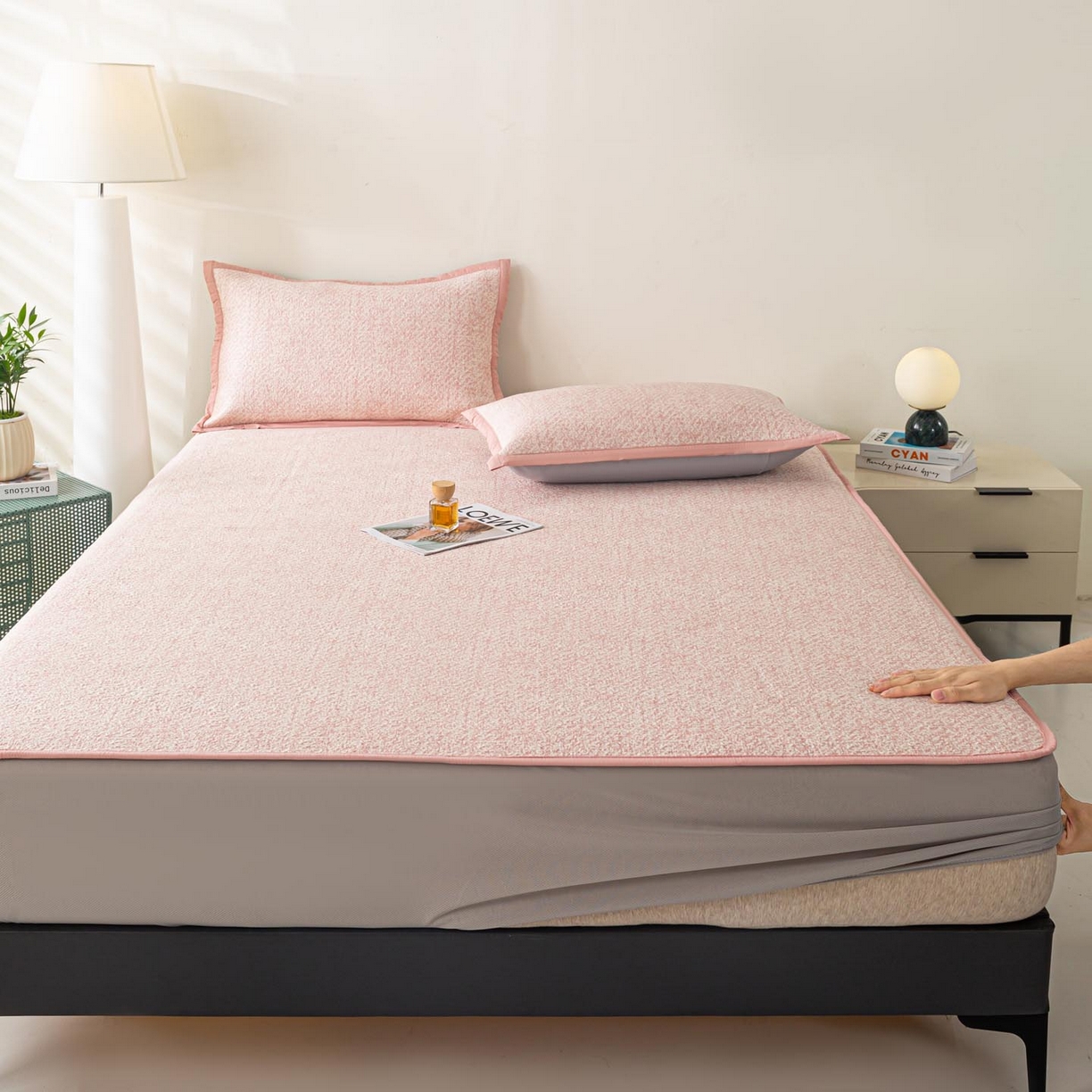 91家纺网 家纺一手货源 找家纺 帅露家纺 2026新款A类PE高分子双泡软凉席席子 床笠款双泡雪花-粉