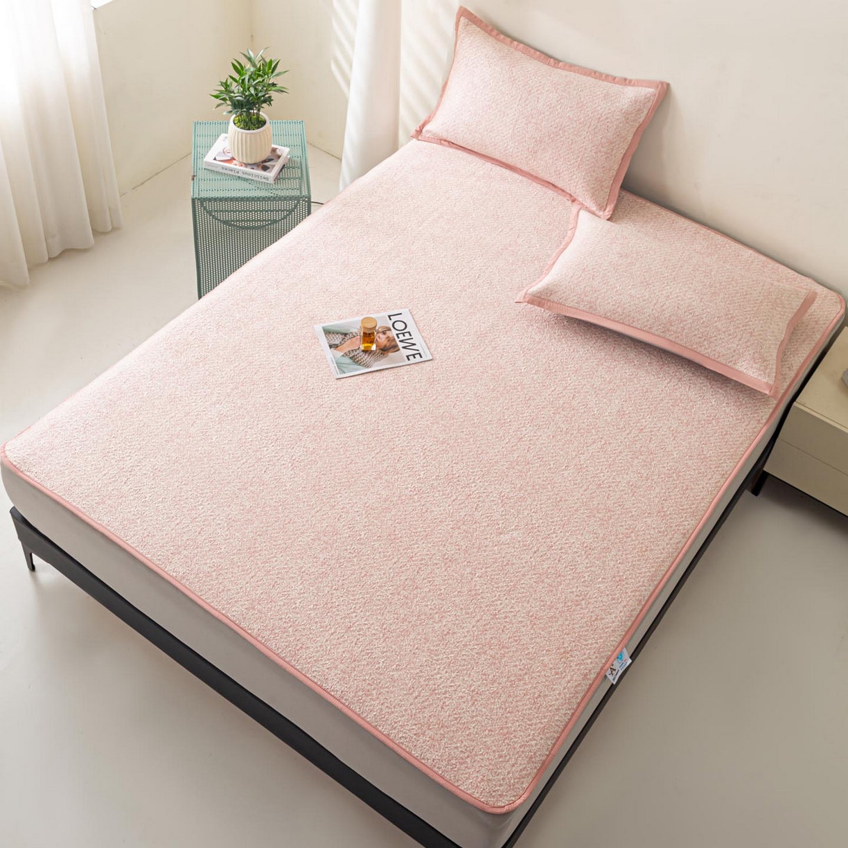 91家纺网 家纺一手货源 找家纺 帅露家纺 2026新款A类PE高分子双泡软凉席席子 床笠款双泡雪花-粉