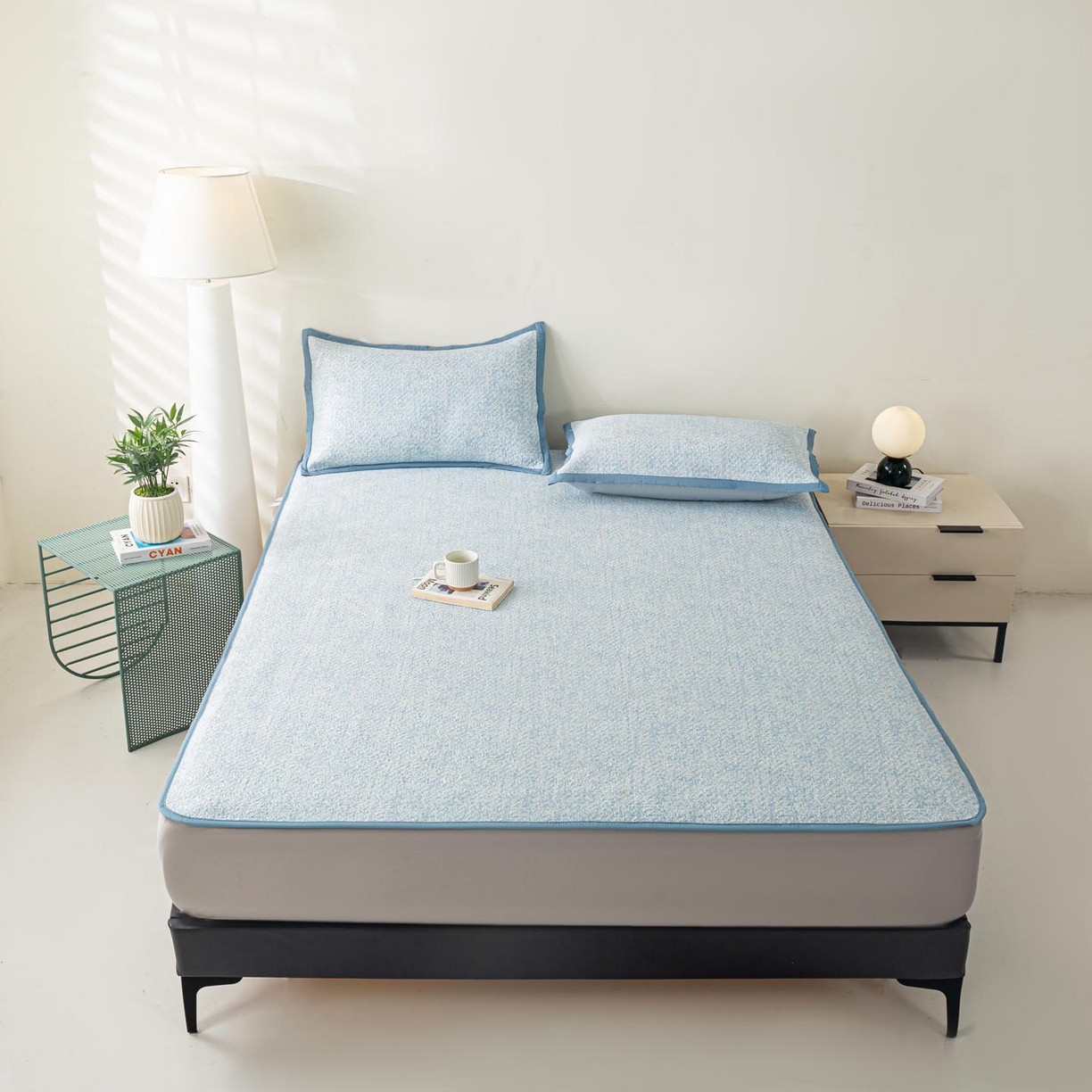 91家纺网 家纺一手货源 找家纺 帅露家纺 2026新款A类PE高分子双泡软凉席席子 床笠款双泡雪花-蓝