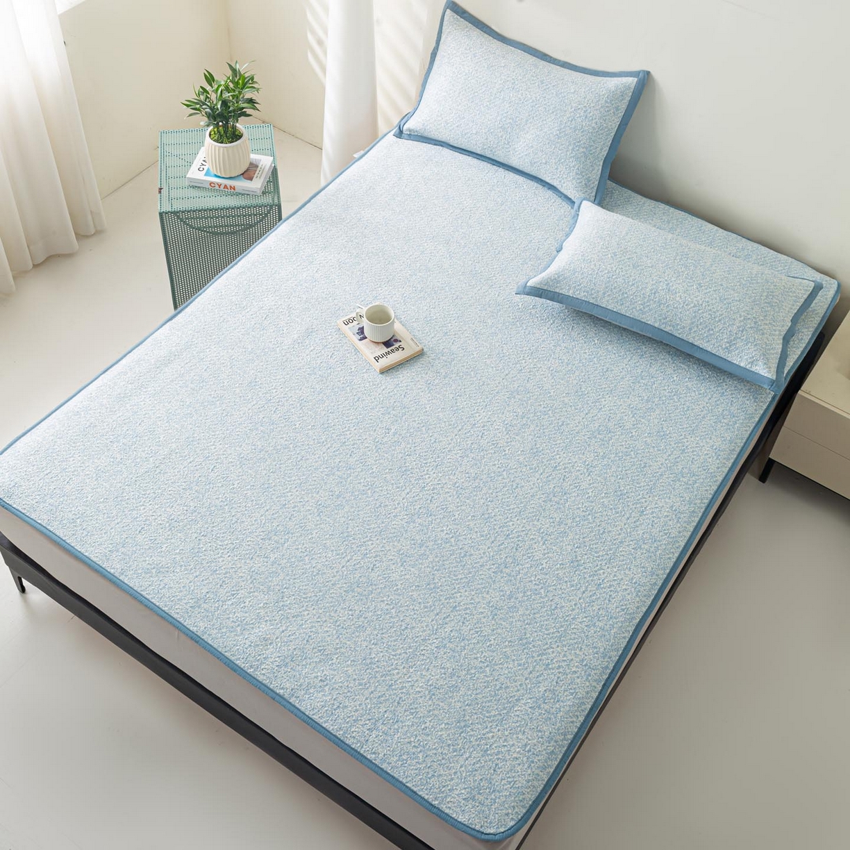 91家纺网 家纺一手货源 找家纺 帅露家纺 2026新款A类PE高分子双泡软凉席席子 床笠款双泡雪花-蓝