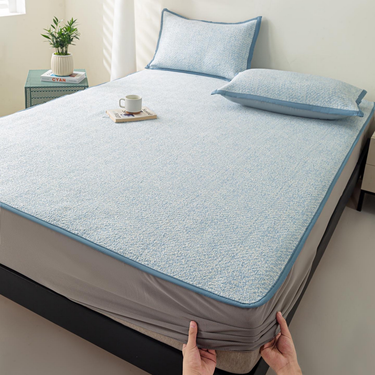 91家纺网 家纺一手货源 找家纺 帅露家纺 2026新款A类PE高分子双泡软凉席席子 床笠款双泡雪花-蓝