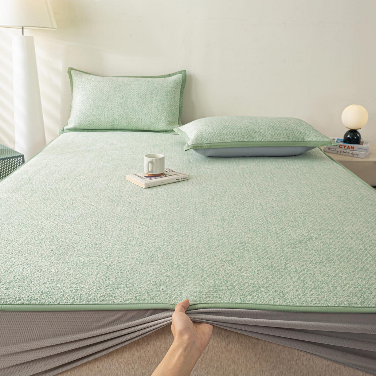 91家纺网 家纺一手货源 找家纺 帅露家纺 2026新款A类PE高分子双泡软凉席席子 床笠款双泡雪花-绿