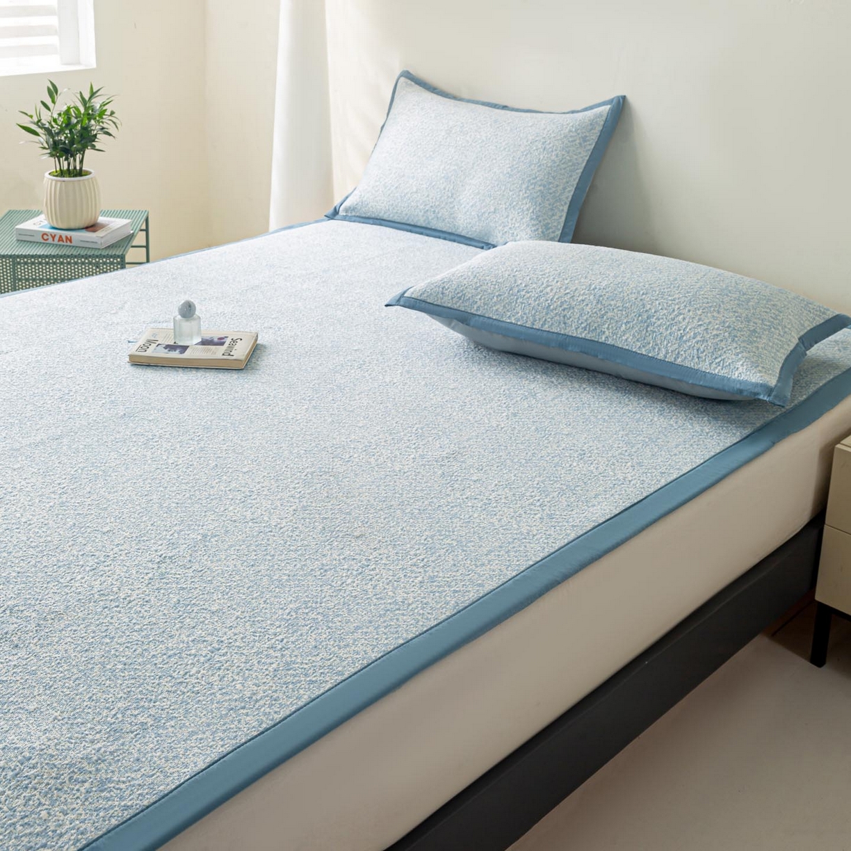 91家纺网 家纺一手货源 找家纺 帅露家纺 2026新款A类PE高分子双泡软凉席席子 床席款双泡雪花-蓝