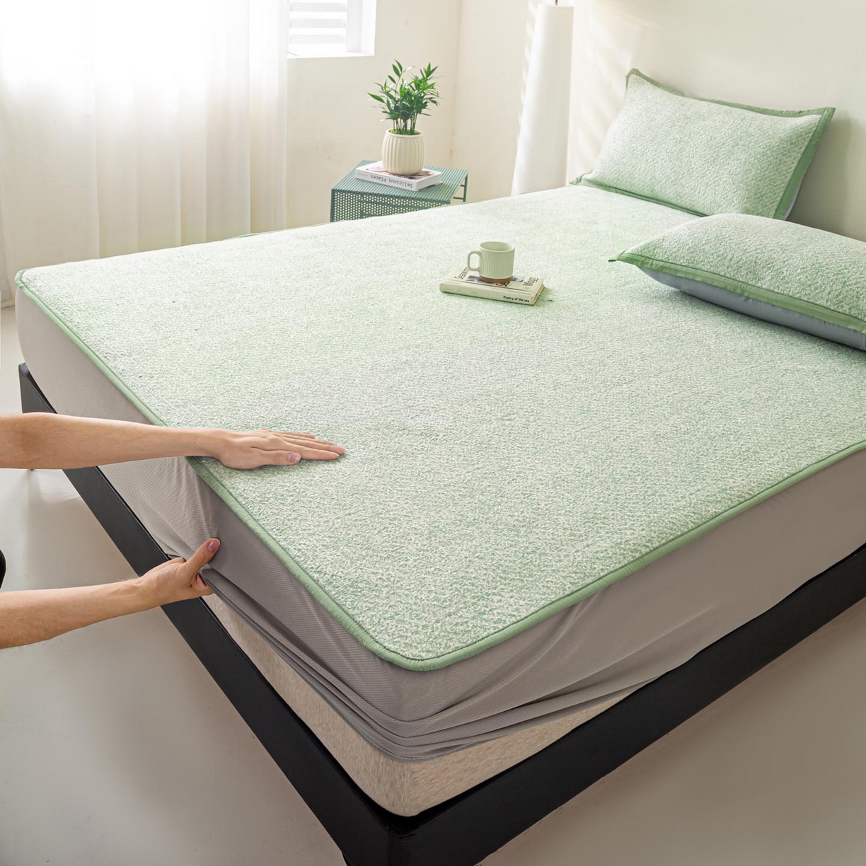 91家纺网 家纺一手货源 找家纺 帅露家纺 2026新款A类PE高分子双泡软凉席席子 床笠款双泡雪花-绿