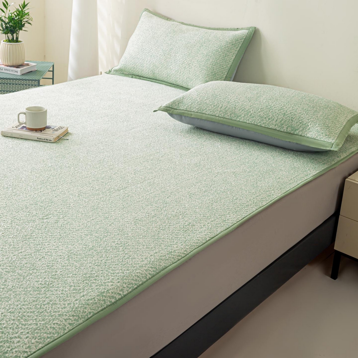 91家纺网 家纺一手货源 找家纺 帅露家纺 2026新款A类PE高分子双泡软凉席席子 床笠款双泡雪花-绿