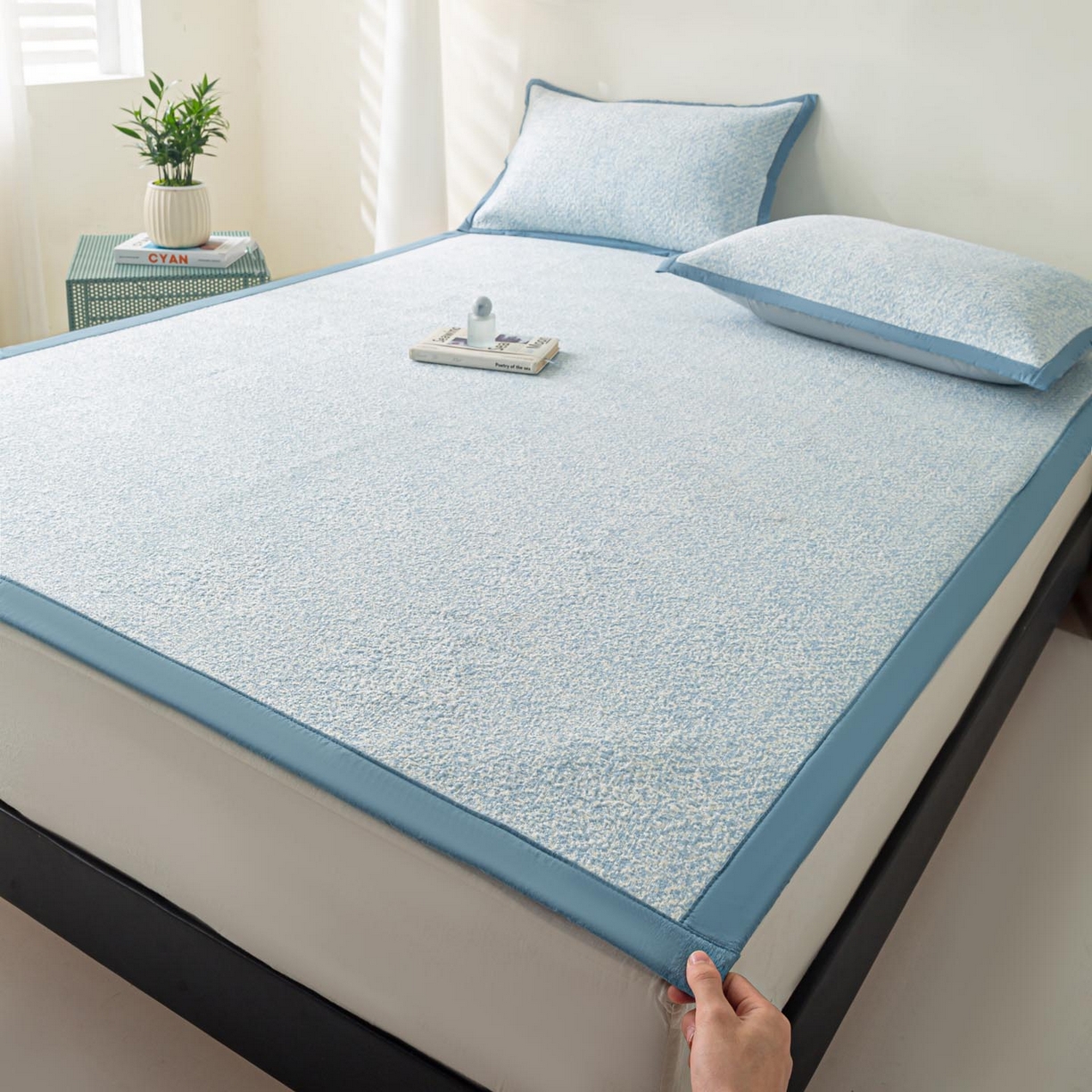 91家纺网 家纺一手货源 找家纺 帅露家纺 2026新款A类PE高分子双泡软凉席席子 床席款双泡雪花-蓝