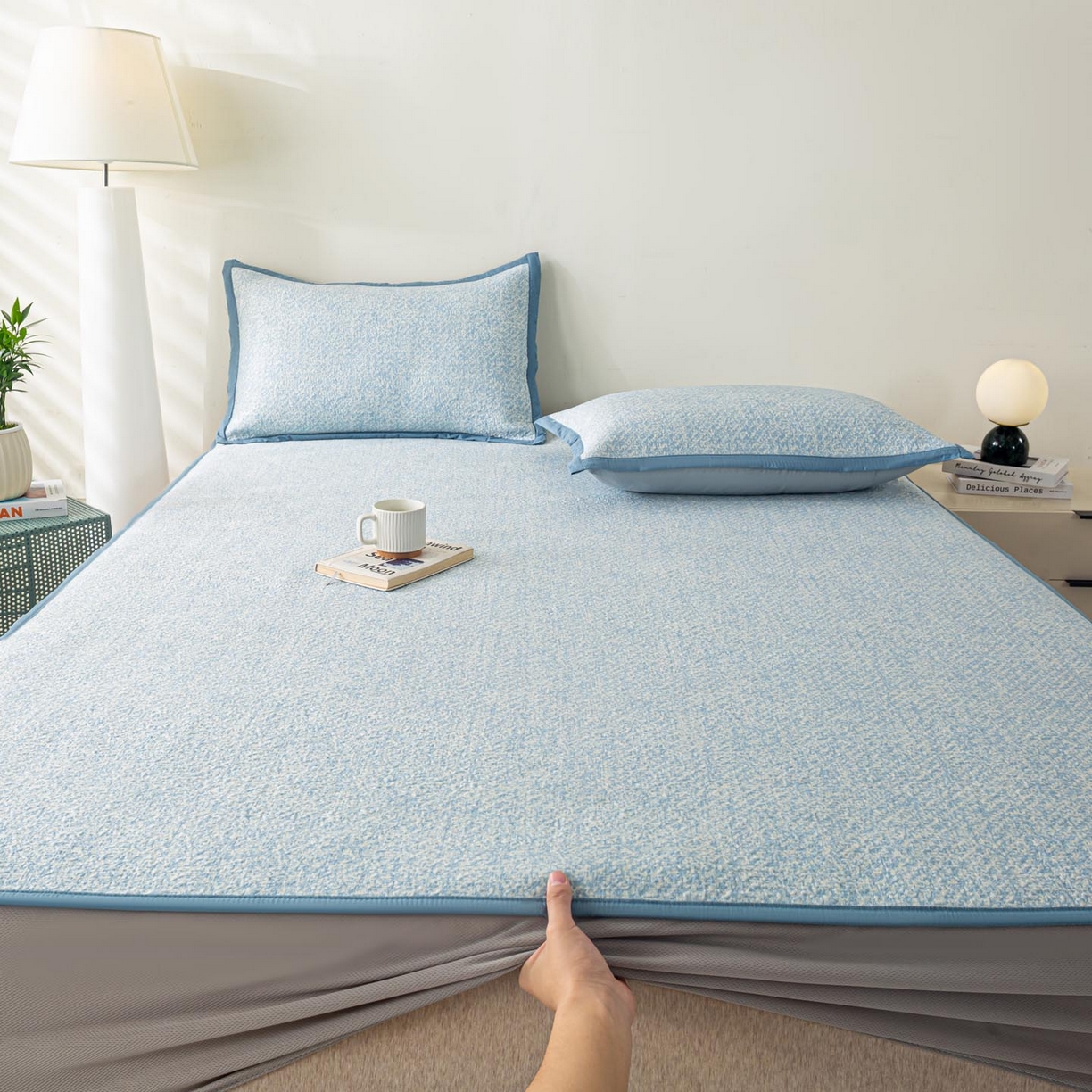 91家纺网 家纺一手货源 找家纺 帅露家纺 2026新款A类PE高分子双泡软凉席席子 床笠款双泡雪花-蓝